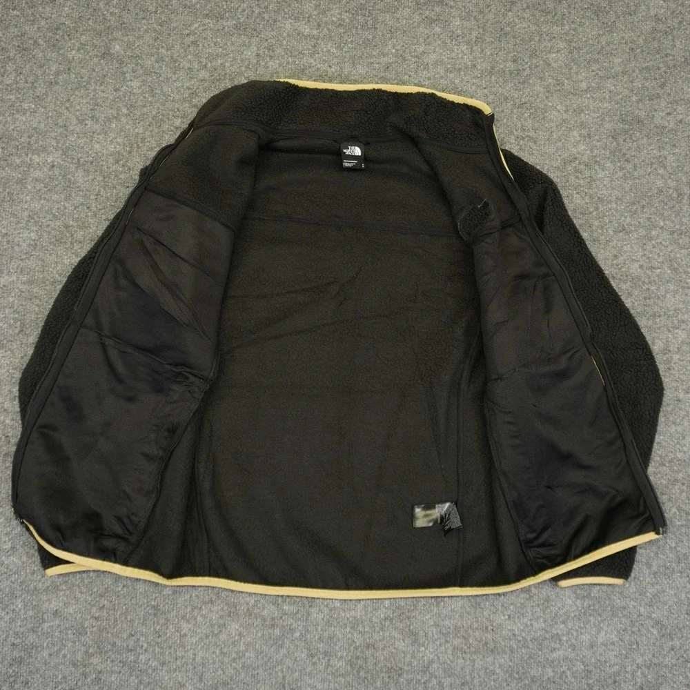 The North Face Fleece Jacket Mens Small Black Sherpa Full Zip Tan Trim Mock Neck